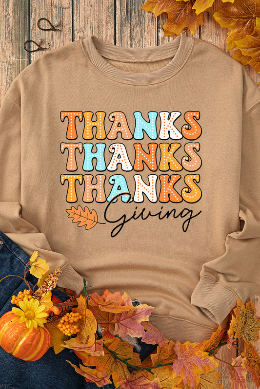 Khaki THANKS giving Leaves Printed Drop Shoulder Sweatshirt