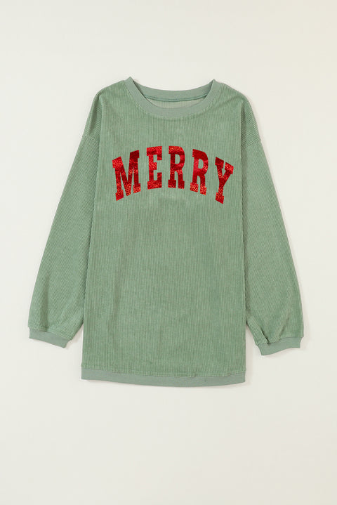 Grass Green Christmas MERRY Letter Printed Corded Baggy Sweatshirt