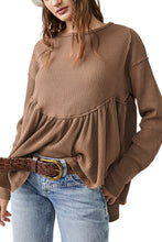 Brown Solid Color Ribbed Long Sleeve Peplum Blouse