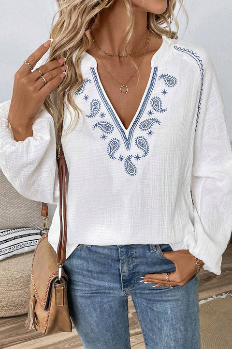 White Paisley Embroidered Textured Split Neck Long Puff Sleeve Blouse