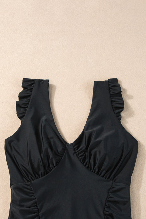 Black Ruffled Trim Ruched One Piece Bathing Suit