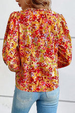 Grapefruit Orange Frilled Split Neck Bubble Sleeve Floral Blouse