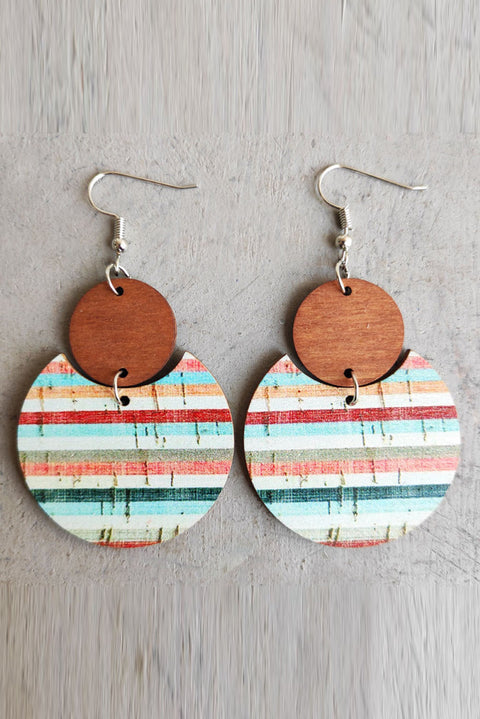 Multicolor Rainbow Stripe Pattern Notch Round Wooden Pendant Earrings