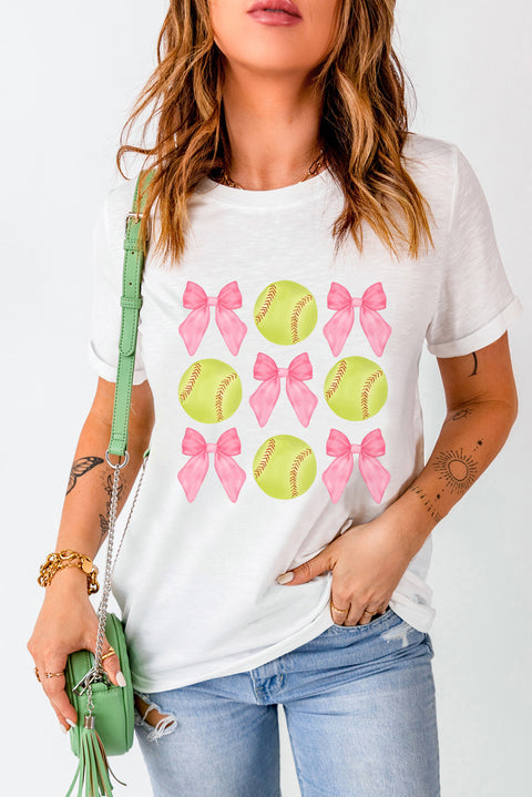 White Bow Tie Baseball Print Round Neck Casual Tee