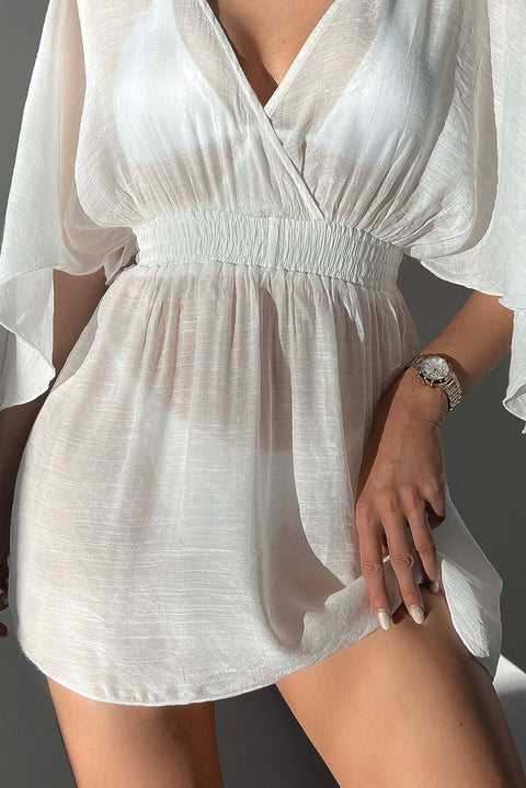 White Semi-sheer Wrapped Flowy Sleeve Beach Dress