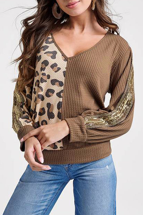 Brown Leopard Splicing Waffle Knit V Neck Top