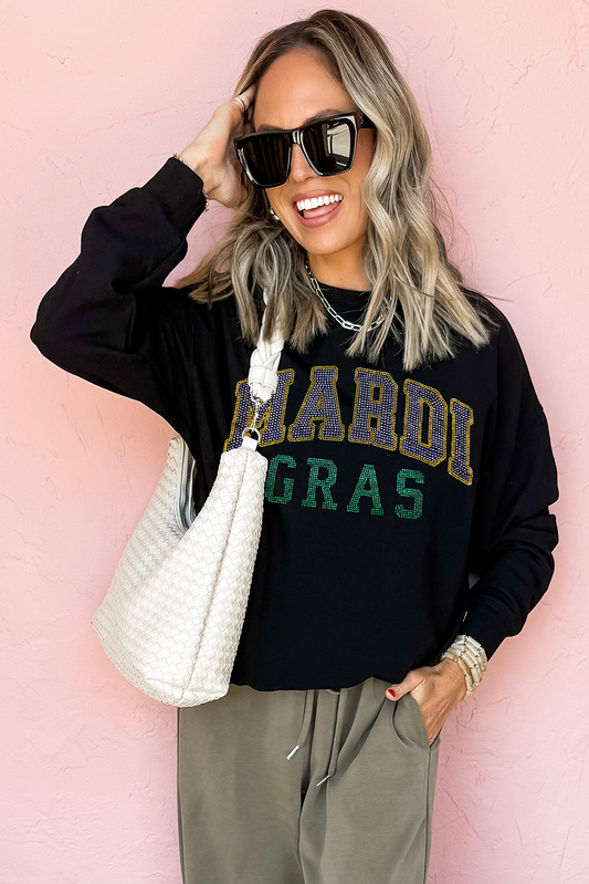 Black Rhinestone Mardi Gras Letter Graphic Drop Shoulder Sweatshirt