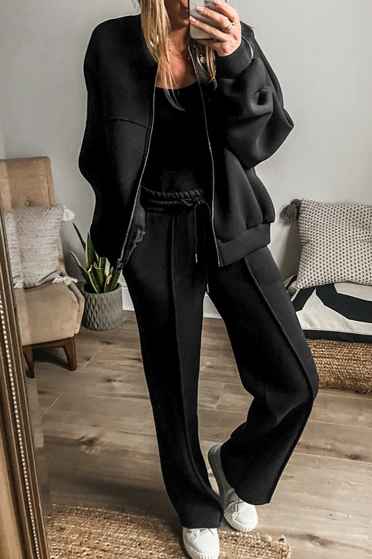 Black Solid Seamed Zipper Jacket and Drawstring Waist Pants Set