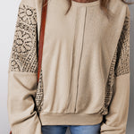 Parchment Knit Crochet Exposed Seam Ribbed Trim Sweatshirt