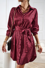 Burgundy Sleek Leopard Long Sleeve Tie Waist Shirt Dress