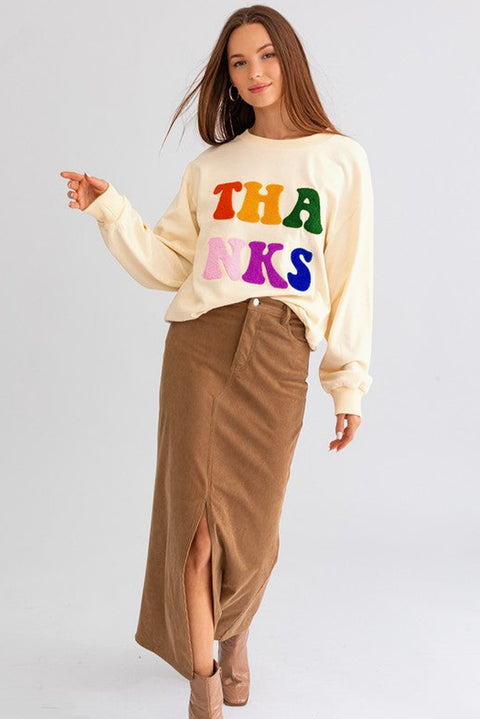 Apricot THANKS Chenille Embroidered Drop Shoulder Graphic Sweatshirt