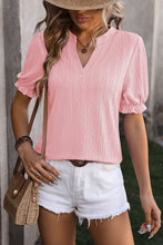 Light Pink Chic Texture Notched Neck Frilly Puff Sleeve Top