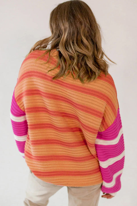 Orange Stripe Colorblock Crew Neck Drop Shoulder Loose Sweater