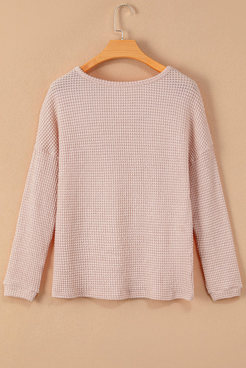 Light Pink Waffle Knit Drop Shoulder Long Sleeve Top