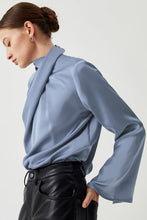 Ivy Asymmetric Pleated Turtleneck Bell Sleeve Blouse