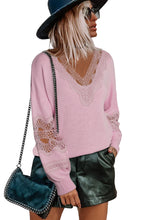 Black Hollowed Lace Splicing V Neck Loose Sweater