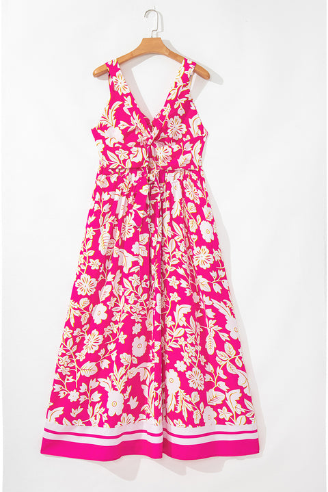 Rose Floral V Neck Crisscross Backless Maxi Dress