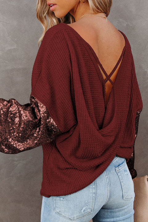 Apricot Sequin Patchwork Sleeve Open Back Waffle Knit Top