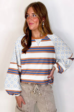 White Striped Floral Printed Patchwork Lantern Sleeve Blouse