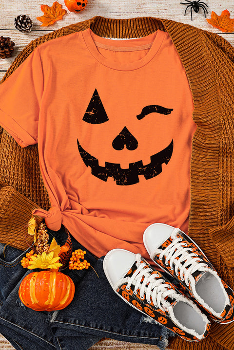 Camiseta con cuello redondo y estampado de cara de calabaza de Halloween naranja