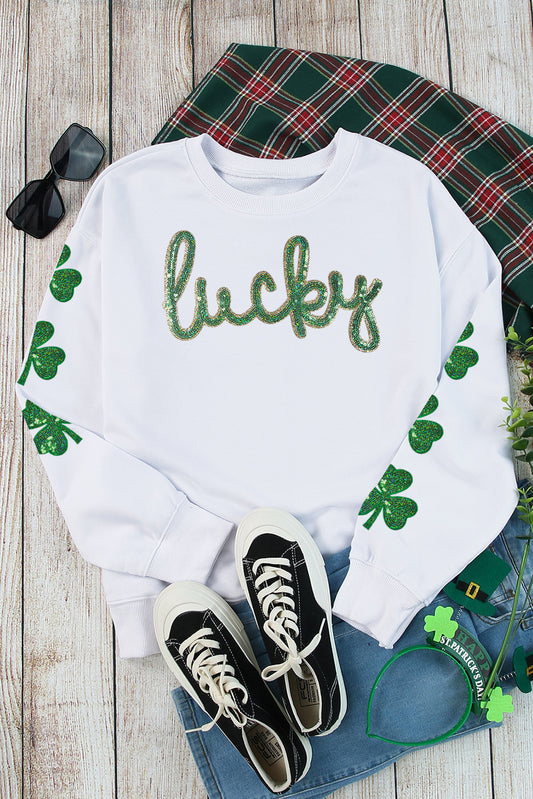 White Sequin lucky Lettering Clover Patched Sleeve Drop Shoulder Sweatshirt