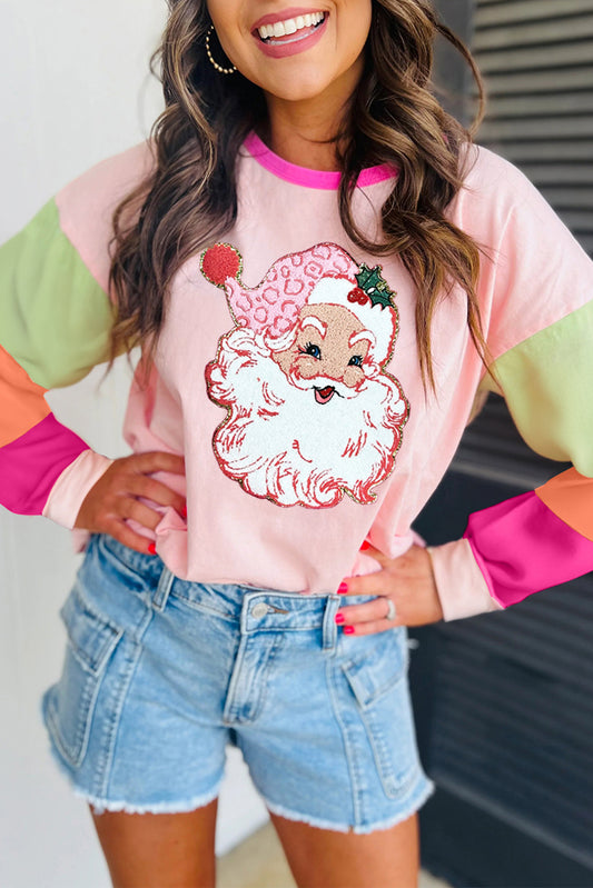 Pink Christmas Santa Claus Graphic Colorblock Patchwork Top