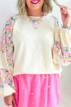 Apricot Plus Size Floral Patchwork Ribbed Puff Sleeve Top