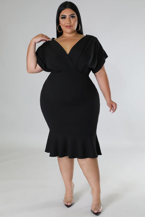 Plus Size Pleated V Neck Ruffle Hem Bodycon Dress