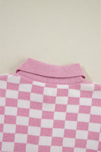 Pink Checkered Buttons Collar V Neck Drop Shoulder Sweater