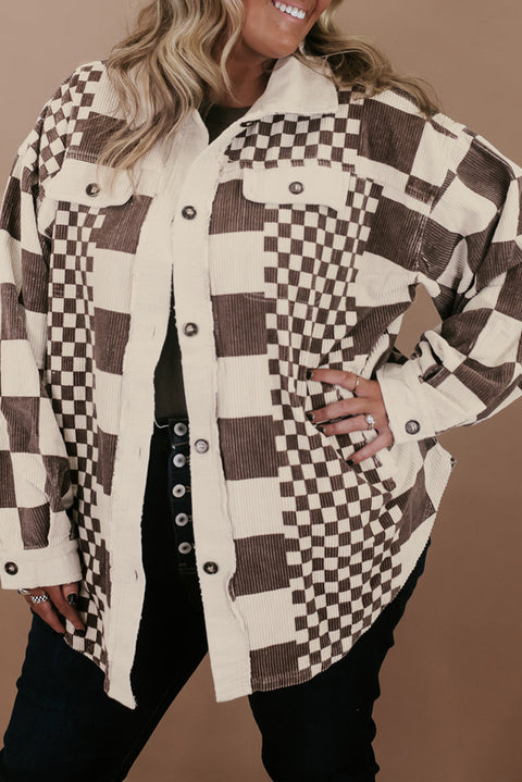 Brown Color Block Checkered Print Corduroy Plus Size Shacket