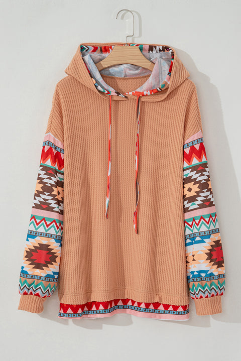 Khaki Aztec Patchwork Waffle Knit Plus Size Hoodie