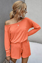 Orange Ribbed Drawstring Waist Long Sleeve Romper