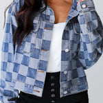 Light Blue Checkered Patchwork Button up Denim Jacket