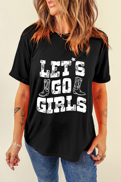 Black LETS GO GIRLS Boots Print Crew Neck T Shirt