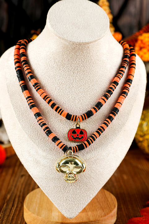 Russet Orange Skull Pumpkin Face Pendant Layered Beaded Halloween Necklace