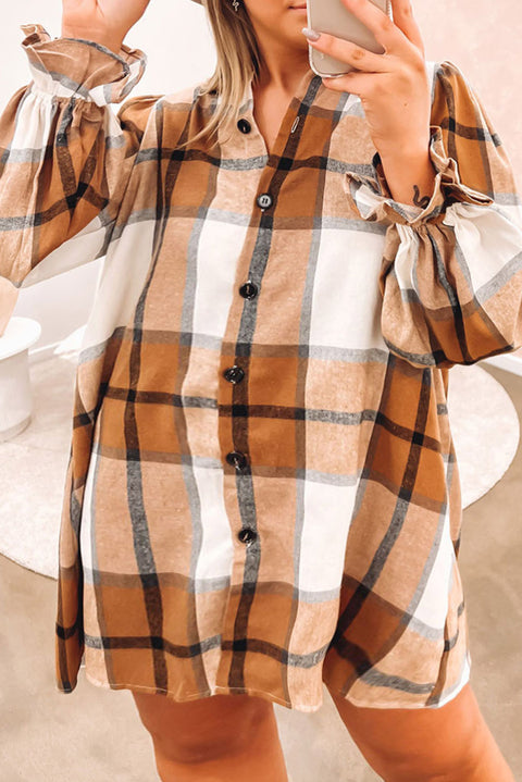 Khaki Plus Size Plaid Flounce Sleeve Button up Shirt Dress