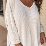 White Waffle Knit Side Slits Loose Fit V Neck Top