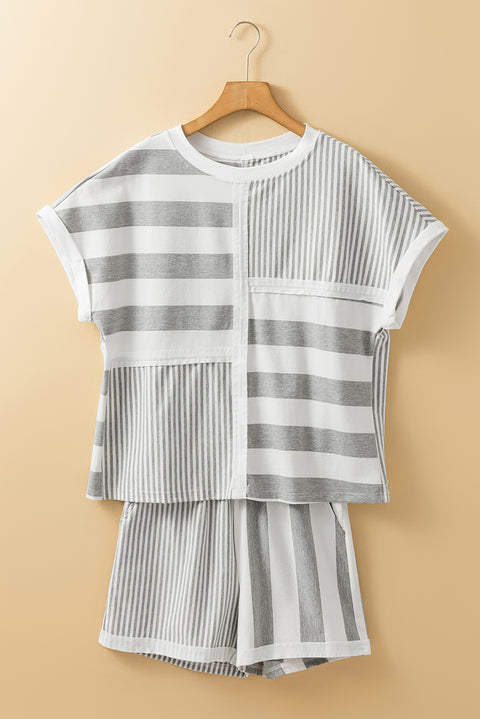 Gray Stripe Mixed Print Short Sleeve Top and Pocketed Shorts Set