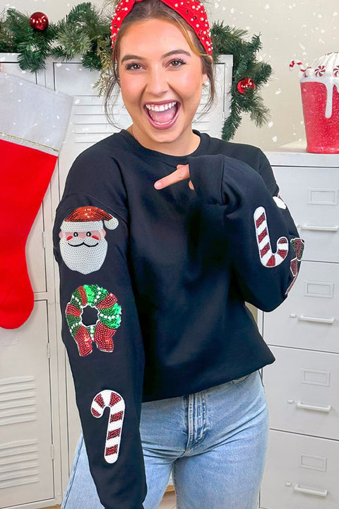 Black Christmas Pattern Sequined Crewneck Sweatshirt