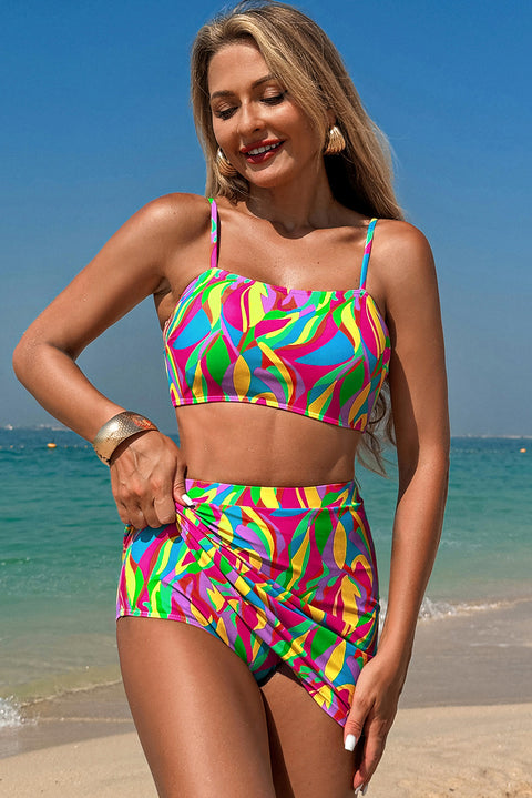 Multicolour Abstract Print Textured Spaghetti Strap High Waist Bikini Set