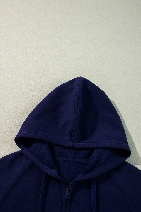 Navy Blue Solid Color Fleece Lined Zip up Hoodie