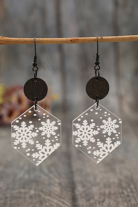 White Snowflake Print Hexagon Acrylic Dangle Earrings