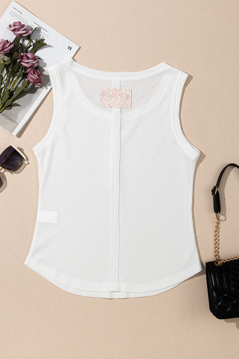 White Solid Color Waffle Knit Half Buttons Tank Top