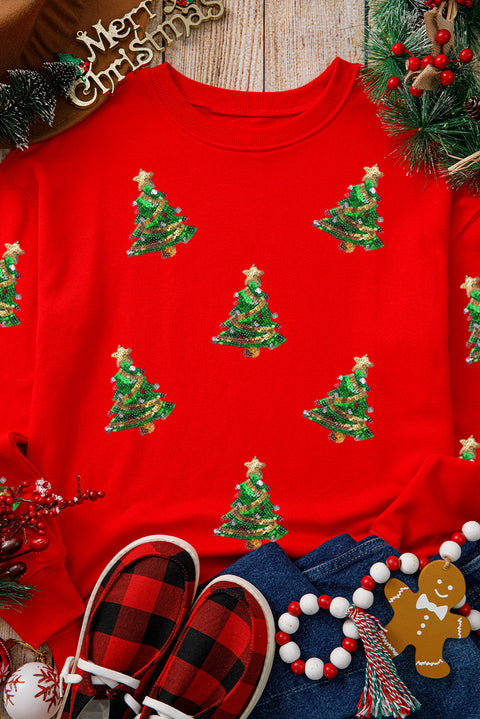 Red Sequin Christmas Tree Graphic Drop Shoulder Sweatshirt