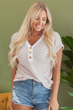 Khaki Stripe Buttoned Front V Neck Knitted T Shirt