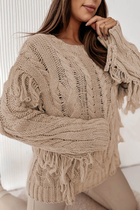 Parchment Tasseled Braided Knit Sweater