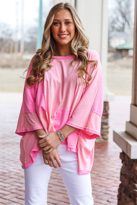 Pink Color Block Patchwork 3/4 Sleeve Loose Top