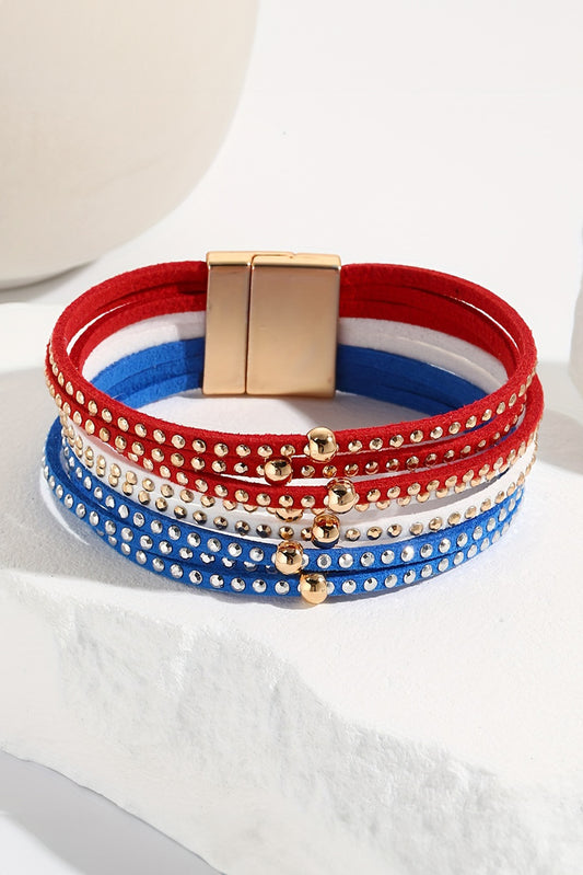 Sky Blue Flag Day Magnetic Buckle Studded Multi Layer Bracelet