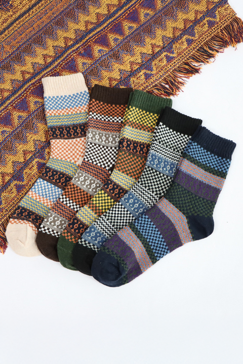 Brown Boho Checkered Pattern Soft Crew Socks Set