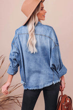 Sky Blue Sequin Rugby Graphic Flap Pockets Raw Hem Game Day Denim Jacket